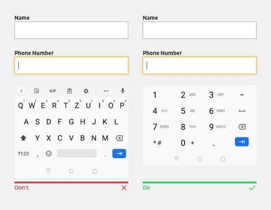 Two smartphone keyboard layouts for entering contact information. The left side shows a QWERTY keyboard with a red "Don't" indicator, while the right side displays a numeric keypad with a green "Do" indicator.