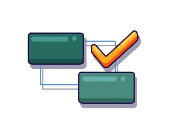 Two green rectangular boxes connected by lines, with an orange checkmark symbol indicating a positive outcome or confirmation.