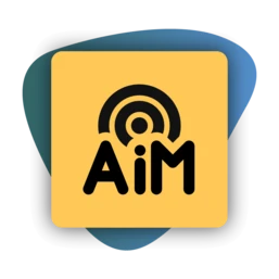 Logo mit den Buchstaben „AiM“ in Fettschrift, mit einem kreisförmigen Signal-Icon darüber, vor einem gelben Hintergrund mit einem blauen Akzent.