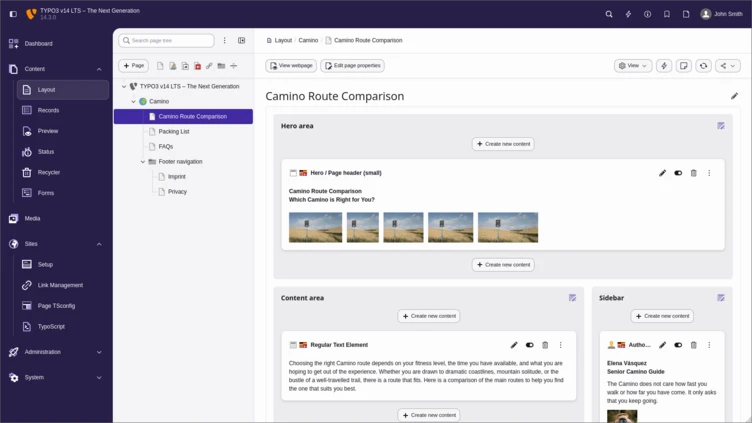 User interface displaying a "Camino Route Comparison" section with layout options, content areas, and sidebar elements for editing.