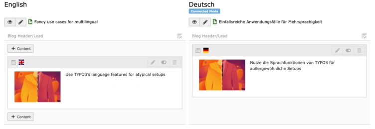 Two sections displaying content management options for a blog, one in English and one in German. Each section includes a header and a brief description about using TYPO3's language features for multilingual setups.