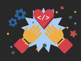 Illustration of two hands holding a red heart with code symbols (</>). The background features blue gears and colorful stars on a dark backdrop, symbolizing creativity and technological innovation.