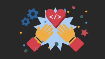 Two hands are reaching towards a heart with coding symbols, surrounded by gears and colorful stars, set against a dark background.