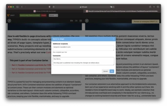 A web interface displaying a draft blog post about flexible in-page structures in TYPO3, with sections for additional recipients and comments. The text discusses managing elements and containers within TYPO3.