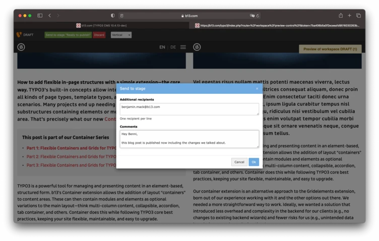 A web interface displaying a draft blog post about flexible in-page structures in TYPO3, with sections for additional recipients and comments. The text discusses managing elements and containers within TYPO3.