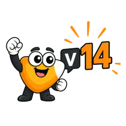 Cartoon character with a heart-shaped body, smiling and raising a fist, next to the text "v14" in a speech bubble.