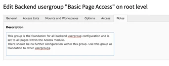 Backend usergroup settings for "Basic Page Access," detailing its foundational role in usergroup configuration and access across all pages. Instructions indicate no further configuration is needed within this group.