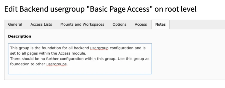 Backend usergroup settings for "Basic Page Access," detailing its foundational role in usergroup configuration and access across all pages. Instructions indicate no further configuration is needed within this group.