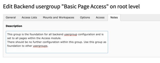 Backend usergroup settings for "Basic Page Access," detailing its foundational role in usergroup configuration and access across all pages. Instructions indicate no further configuration is needed within this group.
