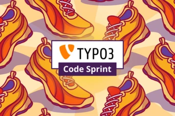 Colorful sneakers are repeated in a pattern, with a central logo featuring "TYPO3 Code Sprint."
