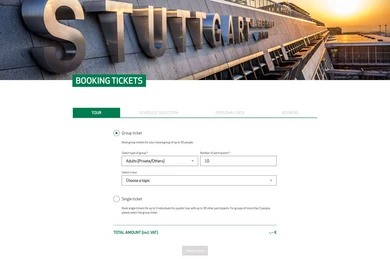 Stuttgart Airport's booking interface displays options for purchasing group and single tickets for airport tours, including fields for selecting the number of participants and topics. The airport's name is prominently featured in the background.