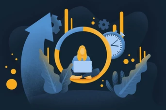 Eine Person, die im Schneidersitz mit einem Laptop sitzt, innerhalb einer kreisförmigen Grafik, umgeben von Zahnrädern, einer Uhr und aufwärts zeigenden Pfeilen, die Produktivität und Zeitmanagement symbolisieren.