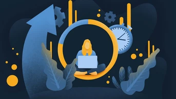 A person sitting cross-legged with a laptop inside a circular graphic, surrounded by gears, a clock, and upward arrows, symbolizing productivity and time management.