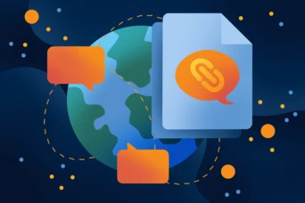 A globe surrounded by chat bubbles and a document featuring a link icon, symbolizing global communication and information sharing.