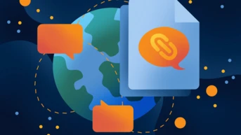 A globe surrounded by chat bubbles and a document featuring a link icon, symbolizing global communication and information sharing.