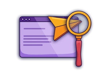 A magnifying glass over a computer window displaying text and an envelope icon, symbolizing email search or analysis.