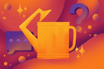 A stylized orange watering can is central to the design, surrounded by abstract shapes, question marks, and speech bubbles, set against a vibrant gradient background.