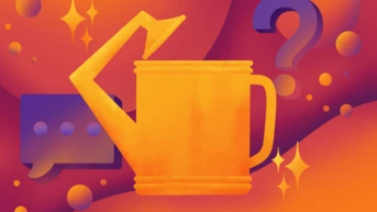 A stylized orange watering can is central to the design, surrounded by abstract shapes, question marks, and speech bubbles, set against a vibrant gradient background.