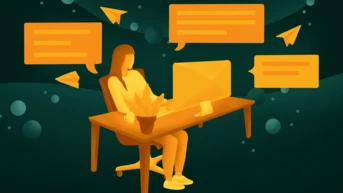 A person sits at a desk with a computer, surrounded by floating chat bubbles and paper airplane icons, suggesting communication or messaging activity. A potted plant is on the desk.