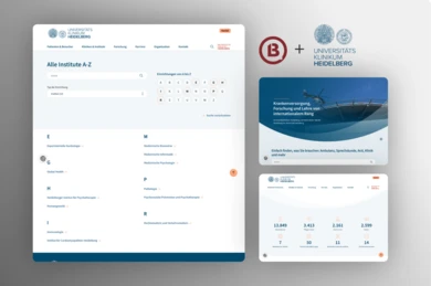 Webseitenoberfläche für das Universitätsklinikum Heidelberg, mit einer Liste von Instituten und statistischen Daten zu Gesundheitsdienstleistungen.