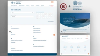 Website interface for Universitätsklinikum Heidelberg, featuring a list of institutes and statistical data on healthcare services.