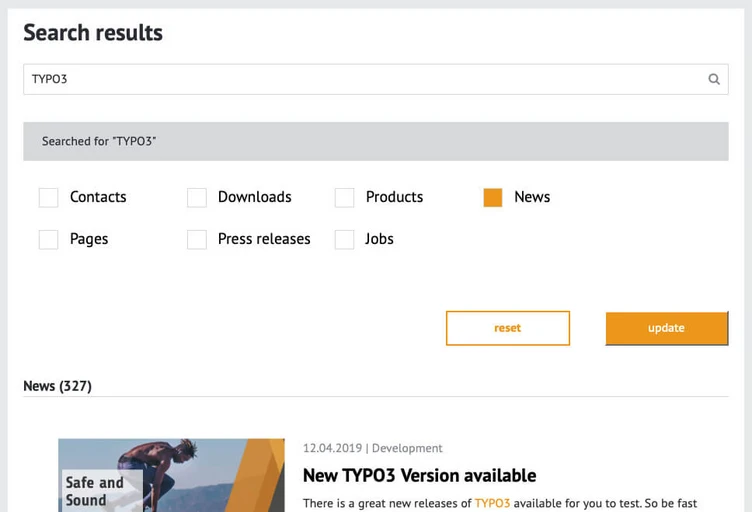 Search results for "TYPO3" displaying categories: Contacts, Downloads, Products, Pages, Press releases, and Jobs. The news section shows an update about a new TYPO3 version available, dated 12.04.2019.