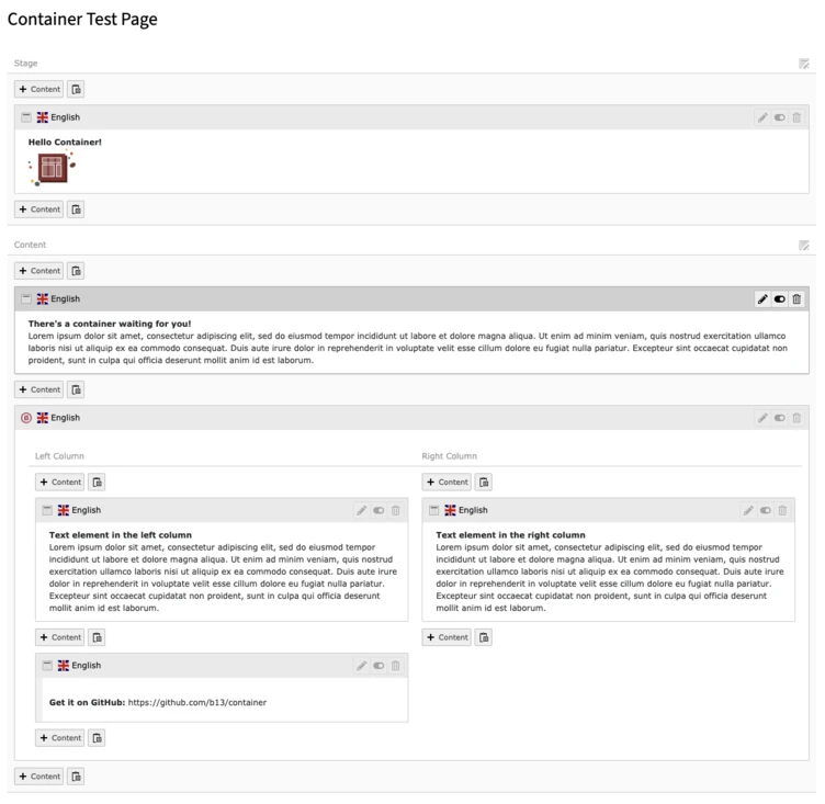 Example backend view with container element in TYPO3 A web page layout displaying a test page titled "Container Test Page." It includes sections for English content, a greeting, and two columns labeled "Left Column" and "Right Column," each containing placeholder text and a link to GitHub.