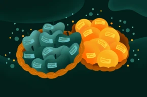 Two woven baskets contain colorful spherical objects: one basket holds blue-green items with labels, while the other features bright orange items, also labeled. The background is dark with abstract shapes.