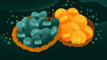 Two woven baskets contain colorful spherical objects: one basket holds blue-green items with labels, while the other features bright orange items, also labeled. The background is dark with abstract shapes.