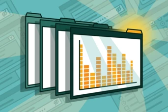 Four file folders displaying a bar graph with orange bars, set against a light blue background with abstract document outlines.