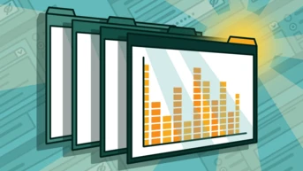 Four file folders displaying a bar graph with orange bars, set against a light blue background with abstract document outlines.