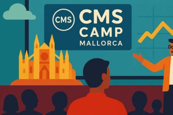A presenter in an orange jacket gestures towards a screen displaying "CMS Camp Mallorca" and a rising graph, while an audience watches. A stylized castle is visible on the left side of the scene.
