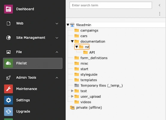 Sidebar menu displaying various sections including "Dashboard," "Web," "Site Management," "File," and "Admin Tools." The "Filelist" section shows a directory structure with folders such as "fileadmin," "documentation," and "user_upload."