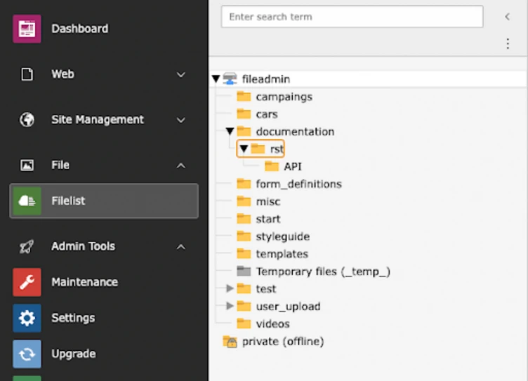 Sidebar menu displaying various sections including "Dashboard," "Web," "Site Management," "File," and "Admin Tools." The "Filelist" section shows a directory structure with folders such as "fileadmin," "documentation," and "user_upload."