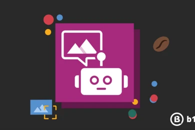 Ein stilisierter Roboter mit einer Sprechblase, die Bergsymbole enthält, vor einem dunklen Hintergrund mit bunten Kreisen und einem kleinen Bild eines Berges. Das Design deutet auf ein Thema der Bilderkennung oder -verarbeitung hin.