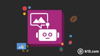 A stylized robot with a speech bubble containing mountain icons, set against a dark background with colorful circles and a small image of a mountain. The design suggests a theme of image recognition or processing.