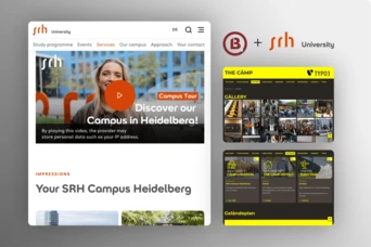 Website interface for SRH University featuring a video play button, campus tour invitation, and sections for services and gallery.