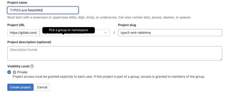 Form fields for creating a project titled "TYPO3 and RabbitMQ," including inputs for project name, URL, slug, description, and visibility level options.