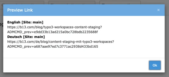 "Get preview link" popup in Workspaces Module Preview link displaying URLs for English and German versions of a blog post about TYPO3 workspaces and content staging. The links include parameters for tracking.