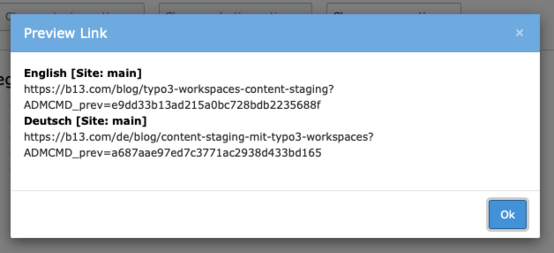 "Get preview link" popup in Workspaces Module