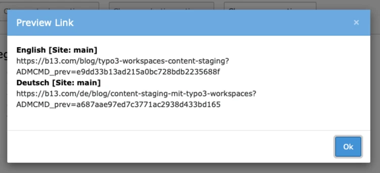 "Get preview link" popup in Workspaces Module Preview link displaying URLs for English and German versions of a blog post about TYPO3 workspaces and content staging. The links include parameters for tracking.