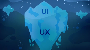 An iceberg graphic with the letters "UI" and "UX" prominently displayed on its surface, symbolizing the relationship between user interface and user experience design concepts.