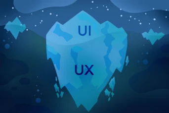 Ein Eisberg-Grafik mit den Buchstaben "UI" und "UX", die prominent auf seiner Oberfläche dargestellt sind, symbolisiert die Beziehung zwischen den Konzepten des Benutzeroberflächendesigns und der Benutzererfahrung.