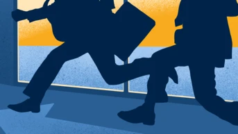 Two silhouetted figures are running indoors, one carrying a guitar and the other a briefcase, with a bright background suggesting a sunset or sunrise.