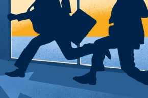 Two silhouetted figures are running indoors, one carrying a guitar and the other a briefcase, with a bright background suggesting a sunset or sunrise.