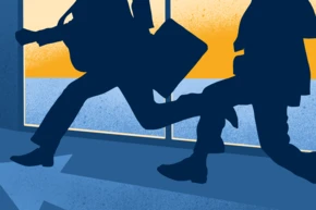 Two silhouetted figures are running indoors, one carrying a guitar and the other a briefcase, with a bright background suggesting a sunset or sunrise.