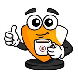 Cartoonfigur mit großen Augen und Daumen hoch, die eine Kaffeetasse mit einem Logo hält, das ein herzförmiges Design in Orange und Weiß zeigt.