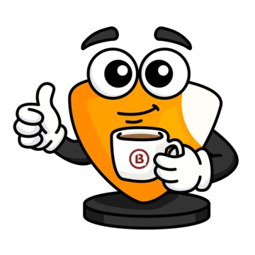 Cartoonfigur mit großen Augen und Daumen hoch, die eine Kaffeetasse mit einem Logo hält, das ein herzförmiges Design in Orange und Weiß zeigt.