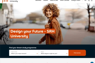 Young woman with curly hair smiling while walking outdoors, promoting SRH University with a focus on designing one's future and study programs.