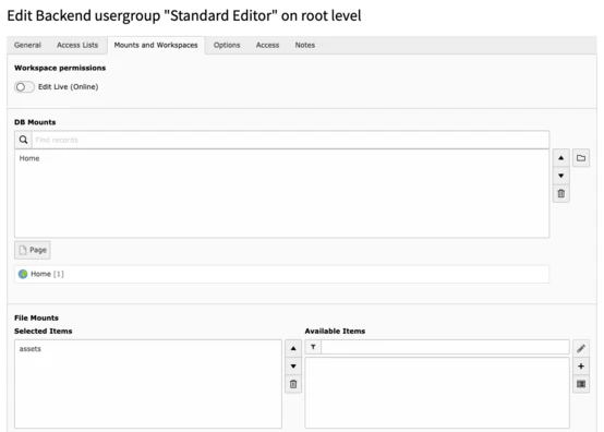 User interface for editing backend user group settings, titled "Standard Editor." Sections include workspace permissions, database mounts, and file mounts, with options to manage selected and available items.